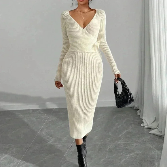 Dresses & Skirts - Beige Elegant Women's Stylish Knit V-Neck Cross-Tie Slimming Maxi Dress